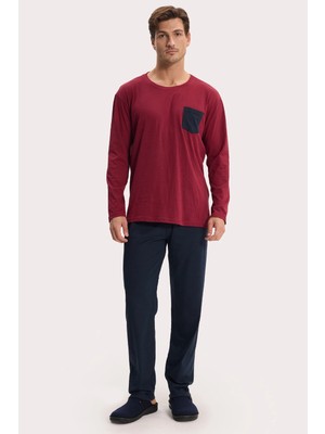 Tudors Erkek Standart Fit Rahat Kesim Uzun Kollu Pamuklu Bordo Lacivert Pijama Takımı