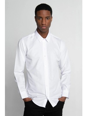 Tudors Modern Slim Fit Uzun Kollu Pamuklu Kolay Ütü Armürlü Erkek Beyaz Gömlek
