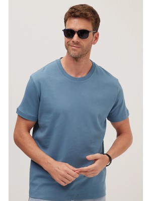 Tudors Unisex Relax Fit Rahat Kesim %100 Pamuk Yumuşak Dokulu Hafif Kalın Mavi Bisiklet Yaka Tişört
