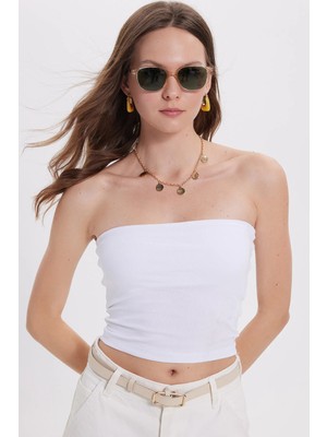 Tudors Kadın Slim Fit Dar Kesim Pamuklu Straplez Beyaz Bluz