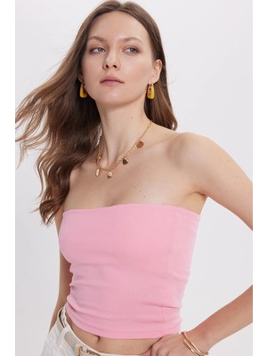 Tudors Kadın Slim Fit Dar Kesim Pamuklu Straplez Pembe Bluz