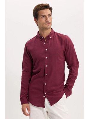 Tudors Erkek Slim Fit Dar Kesim %100 Pamuk Düğmeli Yaka Flam Keten Bordo Gömlek