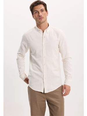 Tudors Erkek Slim Fit Dar Kesim %100 Pamuk Düğmeli Yaka Flam Keten Ekru Gömlek