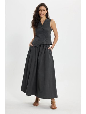 Tudors Kadın Slim Fit Dar Kesim %100 Pamuk V Yaka Çift Cepli Antrasit Etek Yelek Takım