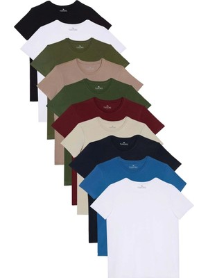 Tudors Unisex 10'lu Pkt Siyah-Beyaz-Vizon-Yeşil-Lacivert-Mavi-Bordo Slim Fit %100 Pamuk Bisiklet Yaka Tişör