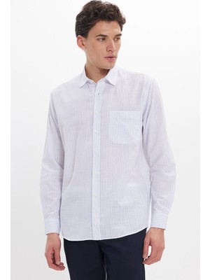 Tudors Erkek Regular Fit Klasik Kesim Oversize Uzun Kollu %100 Pamuk Keten Doku Cepli Çizgili Mavi Gömlek