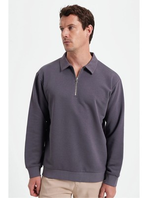 Tudors Erkek Relax Fit Rahat Kesim Pamuklu 3 İplik Fermuarlı Polo Yaka Koyu Gri Sweatshirt
