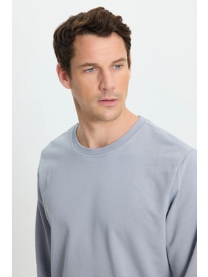 Tudors Erkek Relax Fit Rahat Kesim %100 Pamuk 2 Iplik Bisiklet Yaka Açık Gri Sweatshirt