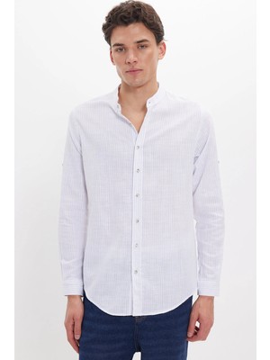 Tudors Erkek Slim Fit Dar Kesim Uzun Kollu %100 Pamuk Keten Doku Çizgili Hakim Yaka Gömlek