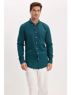 Tudors Erkek Slim Fit Dar Kesim %100 Pamuk Düğmeli Yaka Flam Keten Yeşil Gömlek