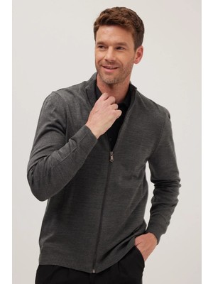 Tudors Erkek Slim Fit Dar Kesim Gri Dik Yaka Fermuarlı Düz Hırka