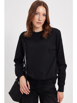 Tudors Kadın Oversize Geniş Kesim %100 Pamuk 2 İplik Bisiklet Yaka Siyah Sweatshirt