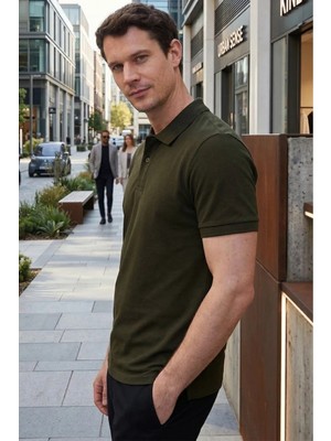 Tudors Erkek Slim Fit Dar Kesim %100 Pamuk Kısa Kollu Polo Yaka Haki Tişört