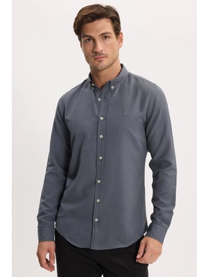 Tudors Erkek Slim Fit Dar Kesim Düz Oxford Armalı Düğmeli Yaka Antrasit Spor Gömlek