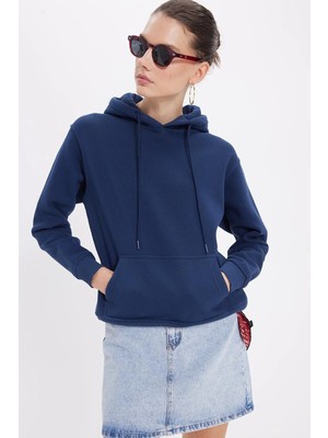 Tudors Kadın Relax Fit Rahat Kesim Pamuklu Kapüşonlu Kanguru Cepli Lacivert Sweatshirt