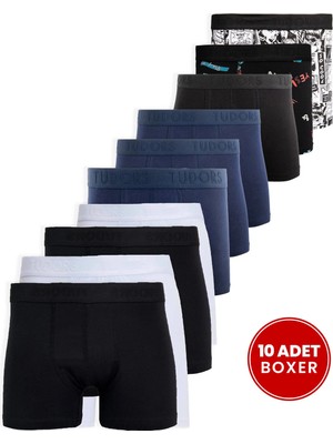 Tudors Erkek 10'lu Likralı Pamuklu Esnek Kumaş Premium Seri Boxer