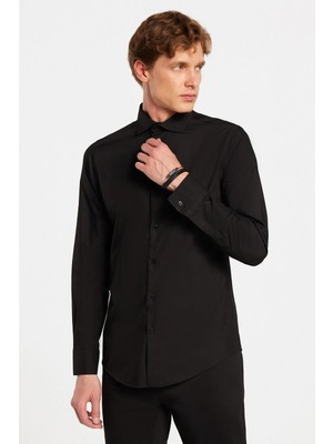Tudors Slim Fit Uzun Kollu Pamuklu Kolay Ütü Siyah Erkek Gömlek