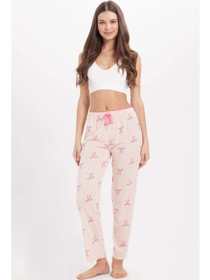 Tudors Kadın Regular Fit Klasik Kesim Viskon Beli Lastikli Fiyonk Detaylı Baskılı Turuncu Pijama Altı