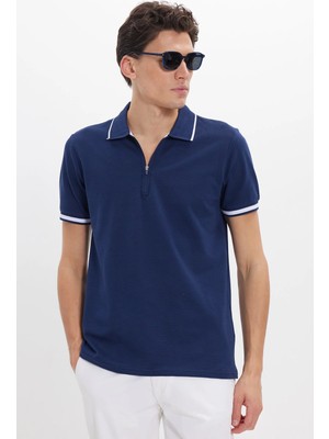 Tudors Erkek Slim Fit Dar Kesim %100 Pamuk Jakarlı Düz Yaka ve Kol Detaylı Lacivert Polo Yaka Tişört