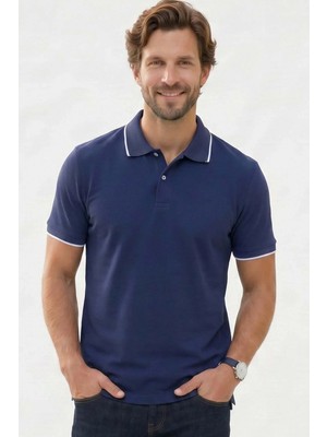 Tudors Erkek Regular Fit Rahat Kesim %100 Pamuk Kısa Kollu Çizgi Detaylı Lacivert Polo Yaka Tişört