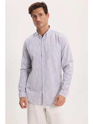 Tudors Erkek Slim Fit Dar Kesim Uzun Kollu %100 Pamuk Keten Efektli Düğmeli Yaka Rahat Gri Gömlek