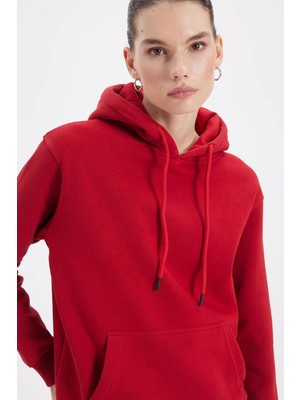 Tudors Kadın Relax Fit Rahat Kesim Pamuklu Kapüşonlu Kanguru Cepli Kırmızı Sweatshirt