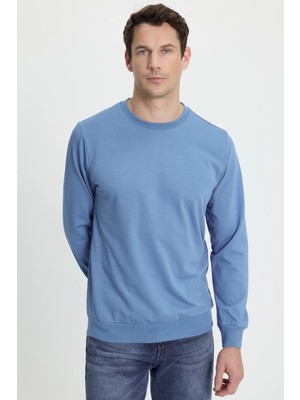 Tudors Erkek Relax Fit Rahat Kesim %100 Pamuk 2 İplik Bisiklet Yaka Mavi Sweatshirt