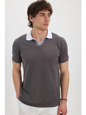 Tudors Erkek Slim Fit Dar Kesim %100 Pamuk Koyu Gri Polo Yaka Tişört
