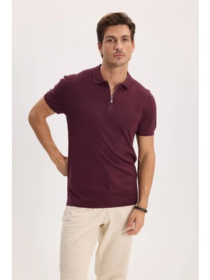 Tudors Erkek Slim Fit Dar Kesim %100Pamuk Örme Triko Fermuarlı Bordo Polo Yaka Tişört