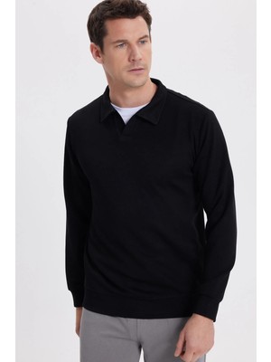 Tudors Erkek Relax Fit Rahat Kesim Polo V Yaka Siyah Sweatshirt