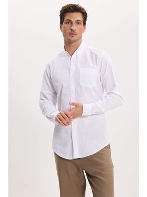 Tudors Erkek Slim Fit Dar Kesim Uzun Kollu %100 Pamuk Keten Efektli Düğmeli Yaka Rahat Beyaz Gömlek