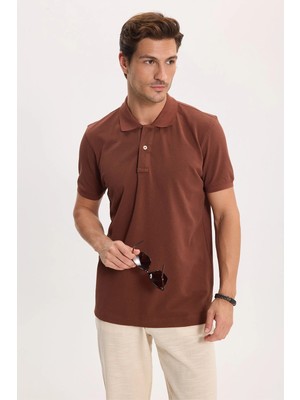 Tudors Erkek Slim Fit Dar Kesim Premium Seri %100 Pamuk Yumuşak Dokulu Merserize Kahverengi Polo Yaka Tişör