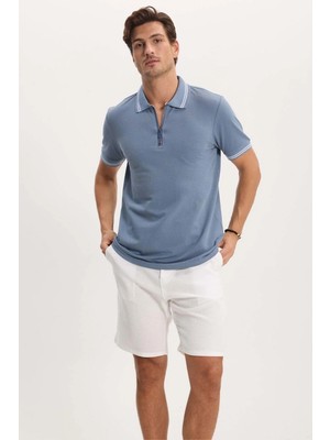 Tudors Erkek Slim Fit Dar Kesim %100 Pamuk Kısa Kollu Fermuarlı Füme Polo Yaka Tişört