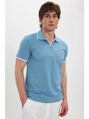 Tudors Erkek Slim Fit Dar Kesim %100 Pamuk Jakarlı Düz Yaka ve Kol Detaylı Mavi Polo Yaka Tişört