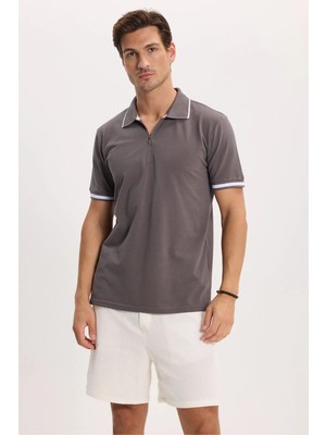 Tudors Erkek Slim Fit Dar Kesim %100 Pamuk Jakarlı Düz Yaka ve Kol Detaylı Gri Polo Yaka Tişört