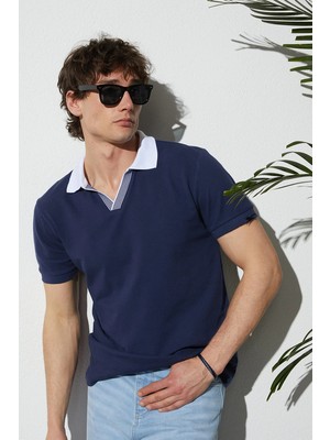 Tudors Erkek Slim Fit Dar Kesim %100 Pamuk Lacivert Polo Yaka Tişört