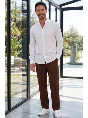 Tudors Erkek Baggy Fit Geniş Kesim %100 Pamuk Beli Lastikli Yandan Cepli Müslin Kahverengi Düz Pantolon