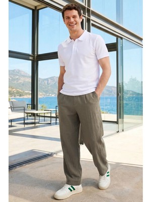 Tudors Erkek Baggy Fit Geniş Kesim %100 Pamuk Beli Lastikli Yandan Cepli Müslin Haki Düz Pantolon