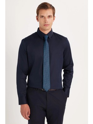 Tudors Erkek Slim Fit Premium Likralı Pamuk Saten Lacivert Gömlek