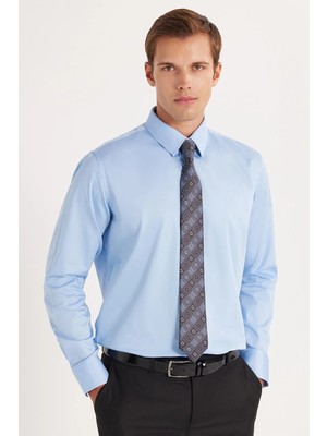 Tudors Erkek Slim Fit Premium Likralı Pamuk Saten Mavi Gömlek