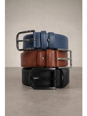 Tudors Erkek 3'lü Set 3,5 Cm Klasik Siyah-Kahverengi-Lacivert Kemer