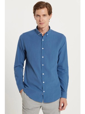 Tudors Erkek Slim Fit Dar Kesim %100 Pamuk Keten Doku Düğmeli Yaka Koyu Petrol Gömlek