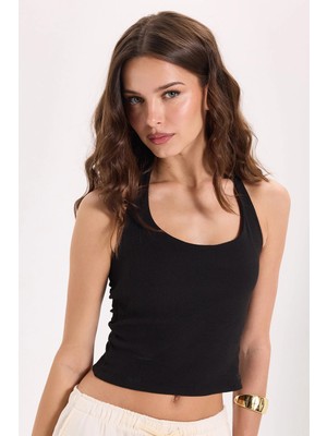 Tudors Kadın Slim Fit Dar Kesim Pamuklu Halter Yaka Kaşkorse Siyah Crop