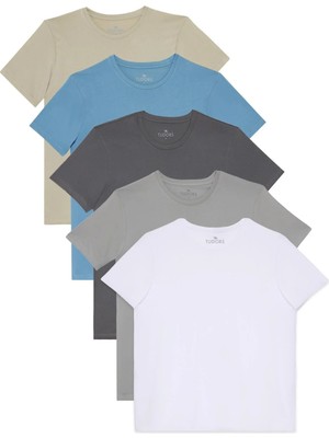 Tudors Unisex 5'li Paket Beyaz-Gri-Füme-Mavi-Taş Slim Fit Dar Kesim %100 Pamuk Bisiklet Yaka Tişört