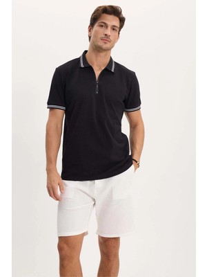 Tudors Erkek Slim Fit Dar Kesim %100 Pamuk Kısa Kollu Fermuarlı Siyah Polo Yaka Tişört