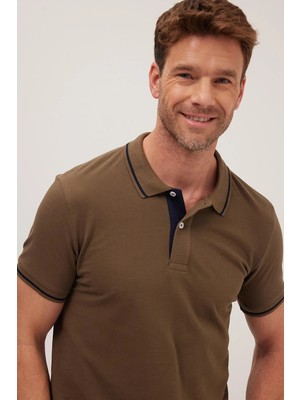 Tudors Erkek Slim Fit Dar Kesim %100 Pamuk Yumuşak Dokulu Serin Tutan Kumaş Kahverengi Polo Yaka Tişört