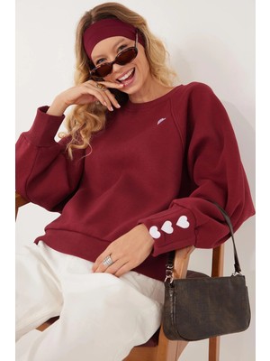 Tudors Kadın Regular Fit Klasik Kesim %100 Pamuk Baskılı Bisiklet Yaka Bordo Sweatshirt