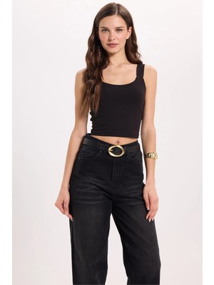 Tudors Kadın Slim Fit Dar Kesim Likralı Siyah Crop Atlet