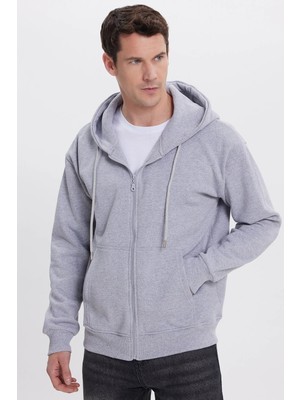 Tudors Erkek Relax Fit Rahat Kesim Pamuklu Tam Fermuarlı Kanguru Cepli Sırt Çantalı Gri Sweatshirt