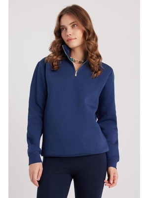 Tudors Kadın Relax Fit Rahat Kesim Pamuklu Içi Polarlı Yarım Fermuarlı Lacivert Dik Yaka Sweatshirt